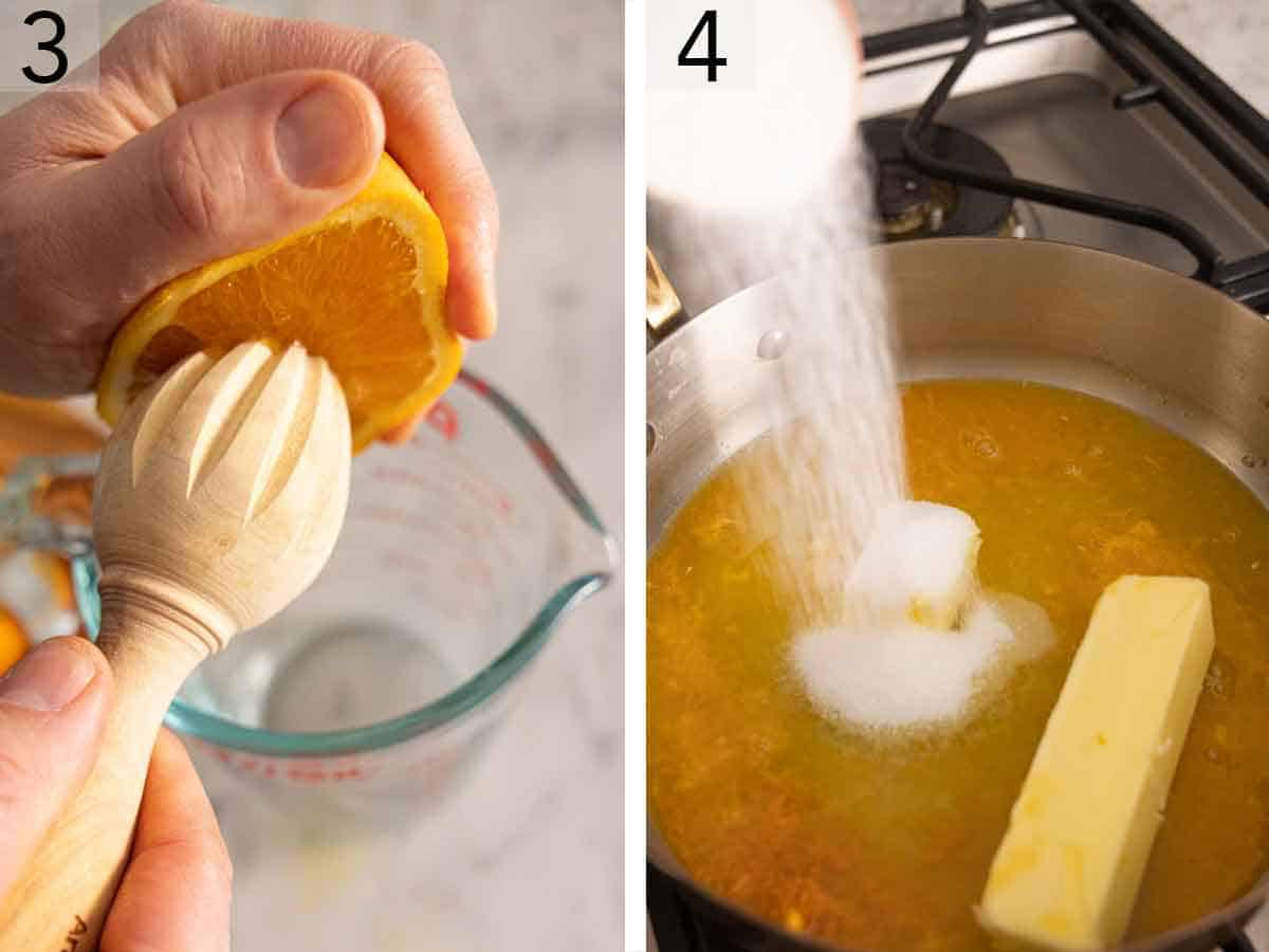 Set of two photos showing orange juiced and sugar added to a pan sauce.