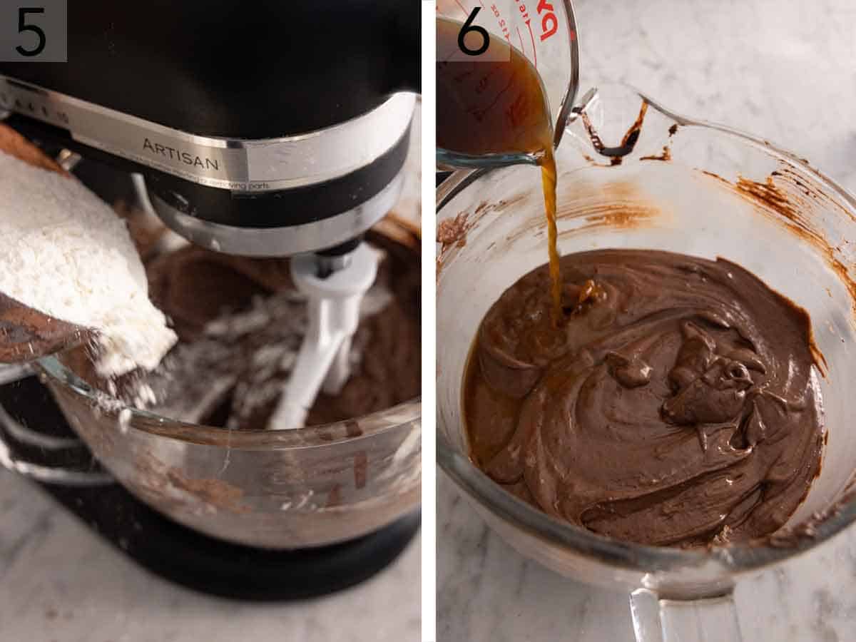 Set og two photos showing flour and coffee added to the batter.