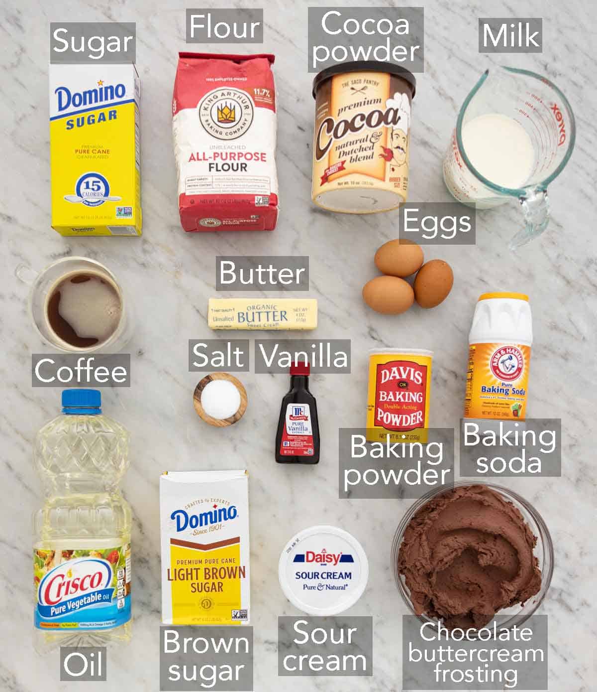 Ingredients needed to make devil's food cake.