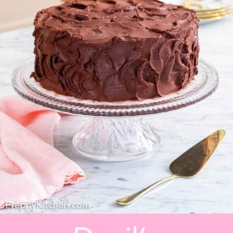 Pinterest graphic of a devil's food cake on a clear cake stand.