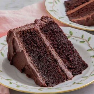 A plate with a slice of devil's food cake with a fork beside it.