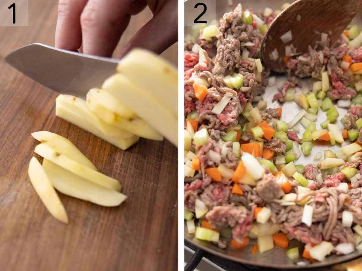 Set of two photos showing potatoes cut and filling cooked.