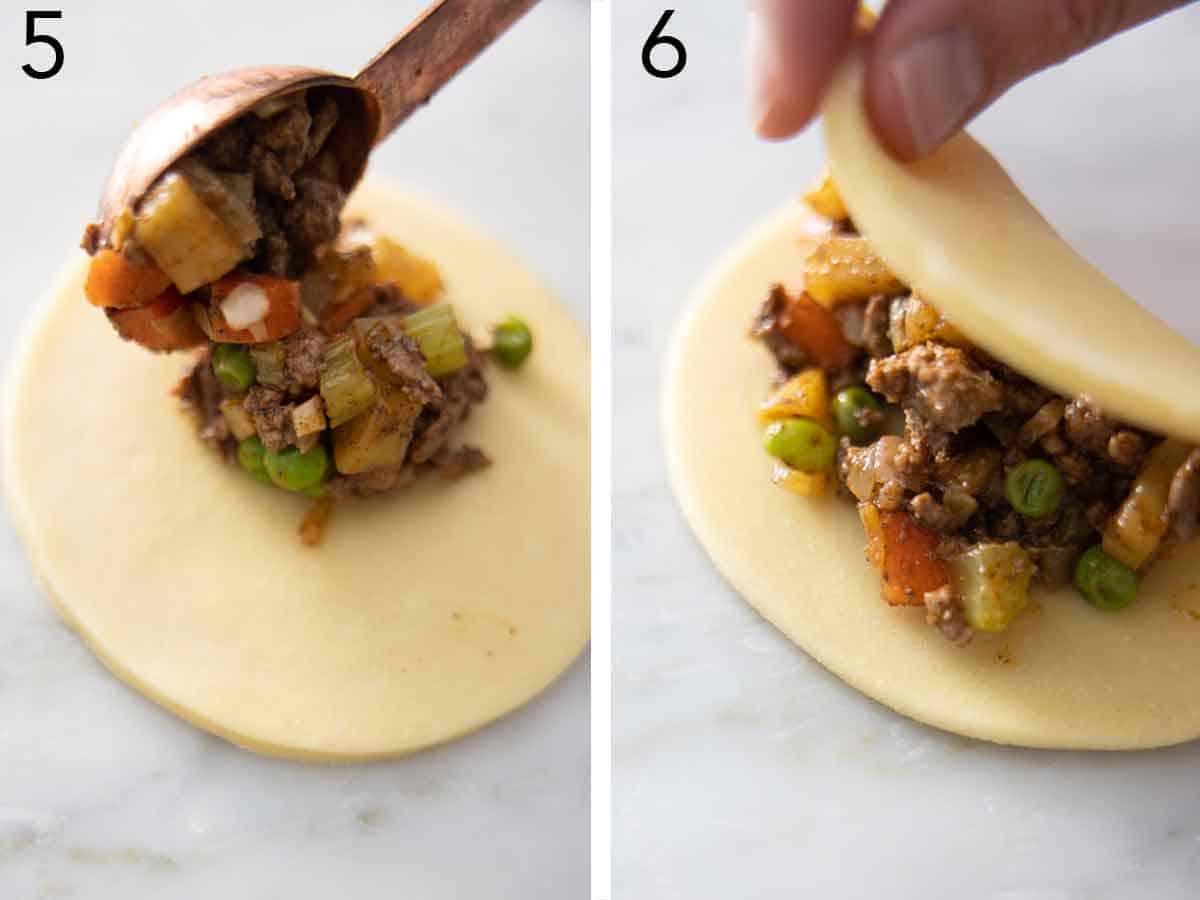 Set of two photos showing filling added to dough and folded over.