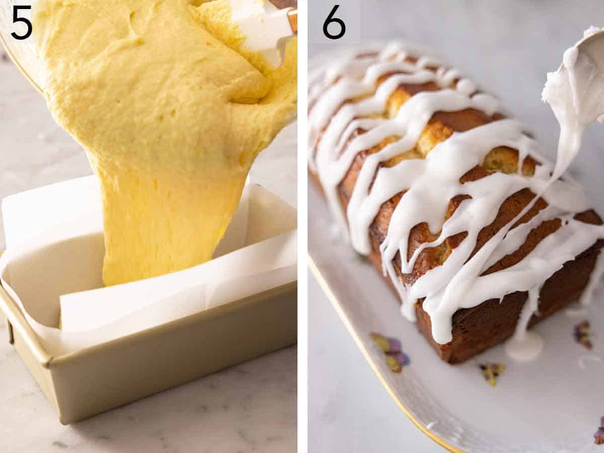 Set of two photos showing batter poured in a pan and glaze drizzled over the baked loaf.