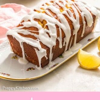 Pinterest graphic of a loaf of lemon pound cake with glaze drizzled over.