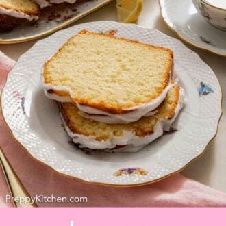 Pinterest graphic of a plate with two slices of lemon pound cake.