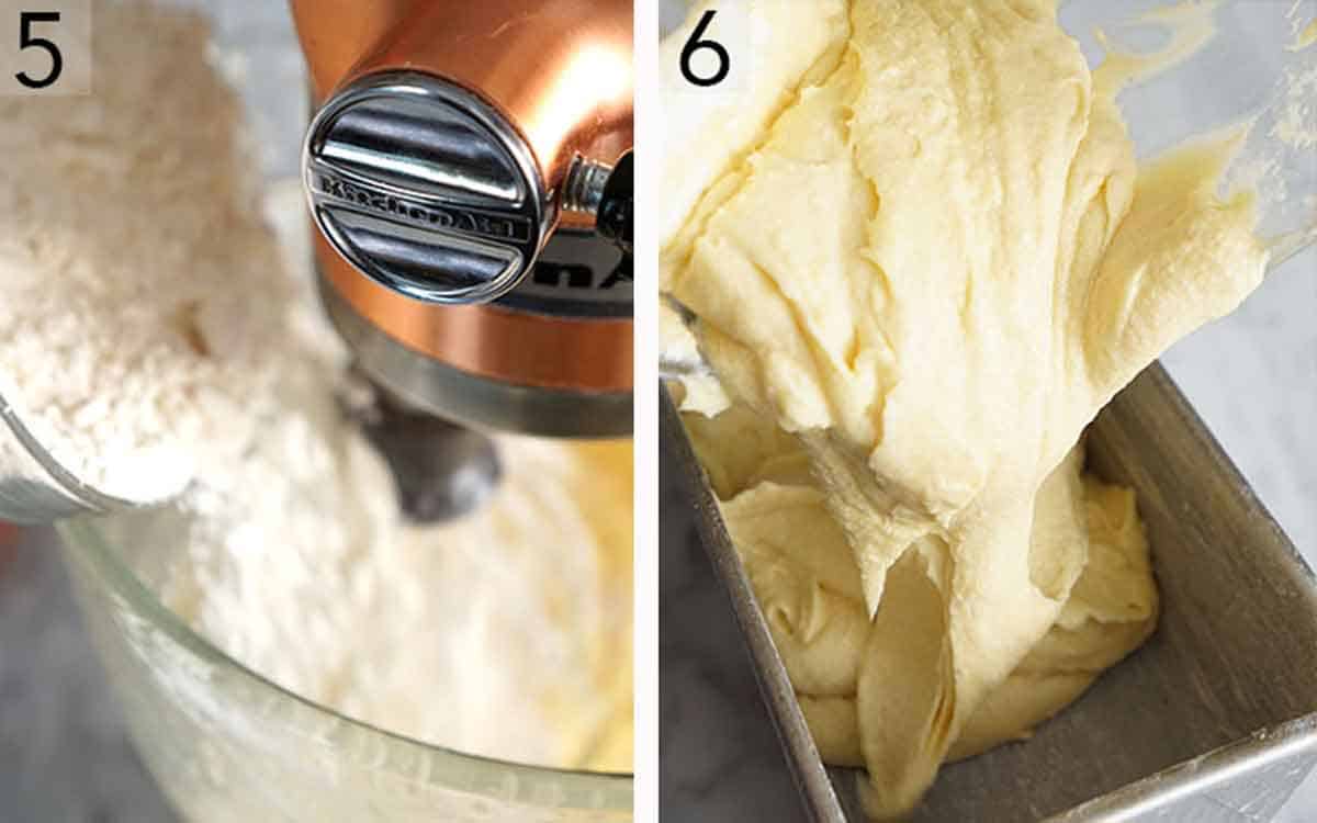 Set of two photos showing dry ingredients added to the mixer and batter transferred to a loaf pan.