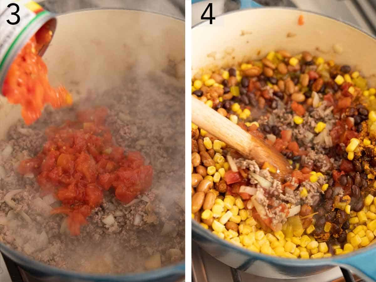 Set of two photos showing tomatoes, corn, and beans added to the pot.