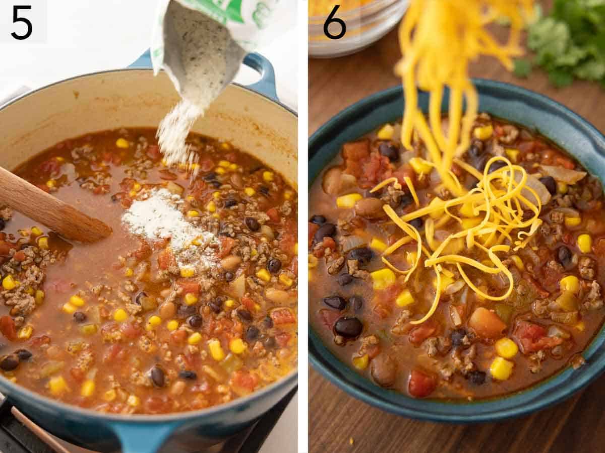 Set of two photos showing ranch powder added to the pot and then soup garnished with cheese.