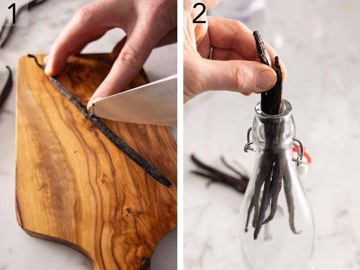 Set of two photos showing a bean split open and a bunch added to a bottle.