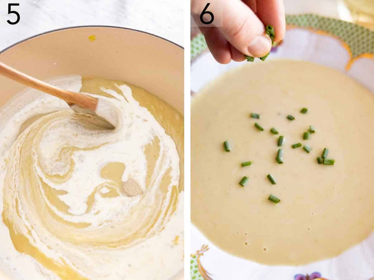 Set of two photos showing cream and chives added to the soup.