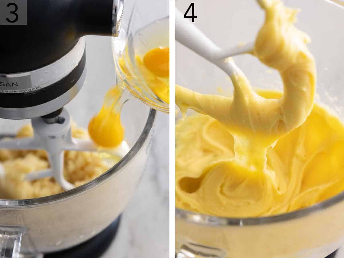 Set of two photos showing eggs added to the dough and beaten until smooth.