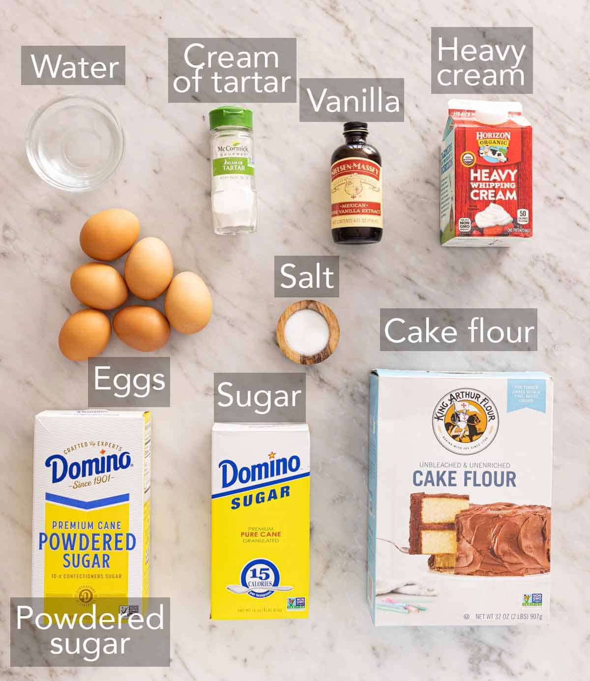 Ingredients needed to make angel food cupcakes.