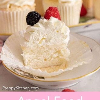 Pinterest graphic of half of an angel food cupcake on a plate in the cupcake paper liner.