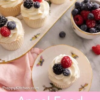 Pinterest graphic of an overhead view of angel food cupcakes on a platter and one on a plate.