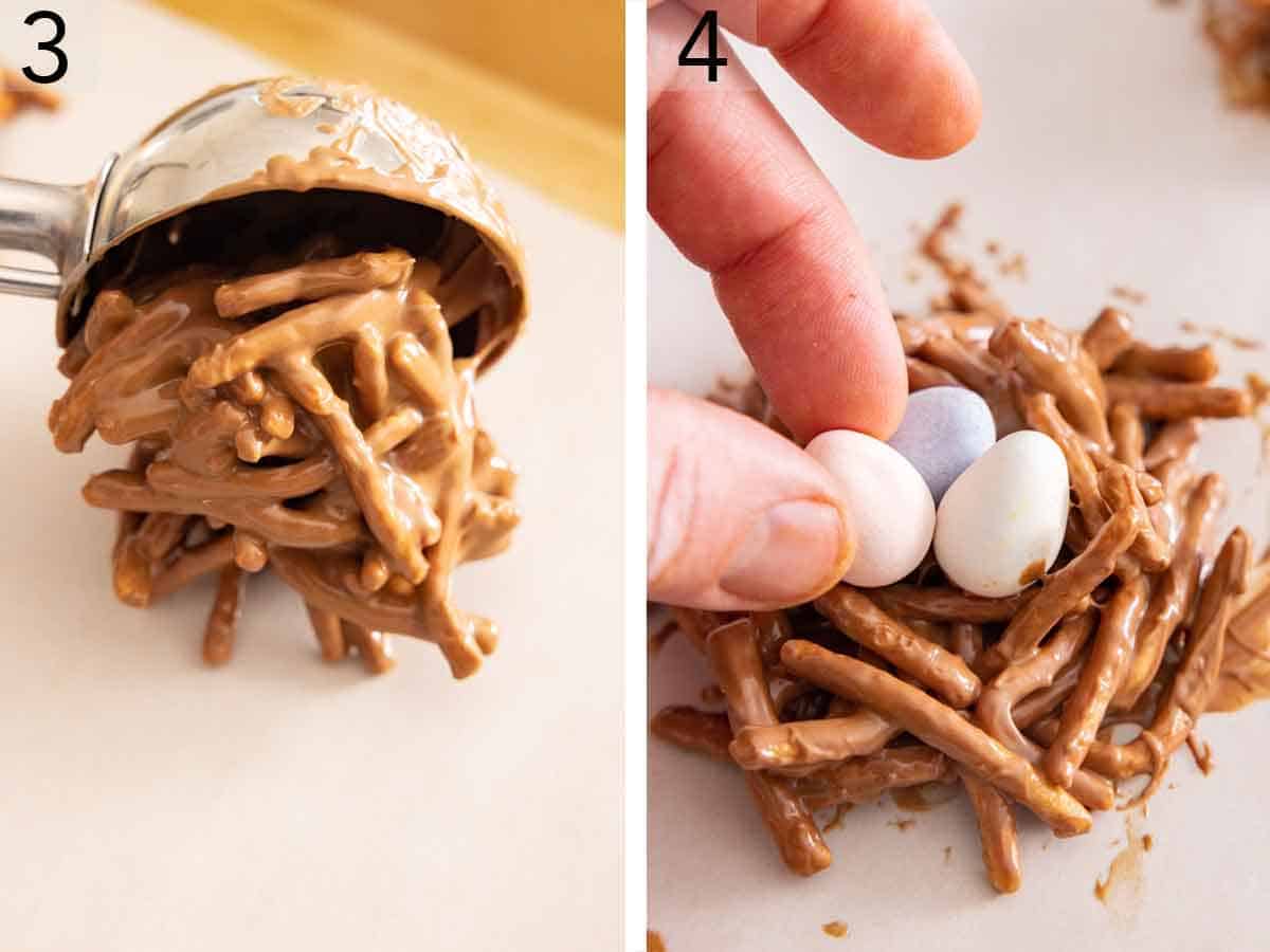 Set of two photos showing cookies scooped and candy eggs placed on top.