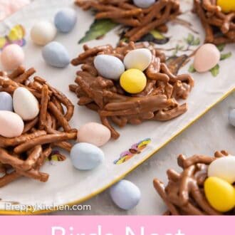 Pinterest graphic of a platter of birds nest cookies.