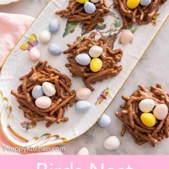 Pinterest graphic of an overhead view of birds nest cookies on a platter.
