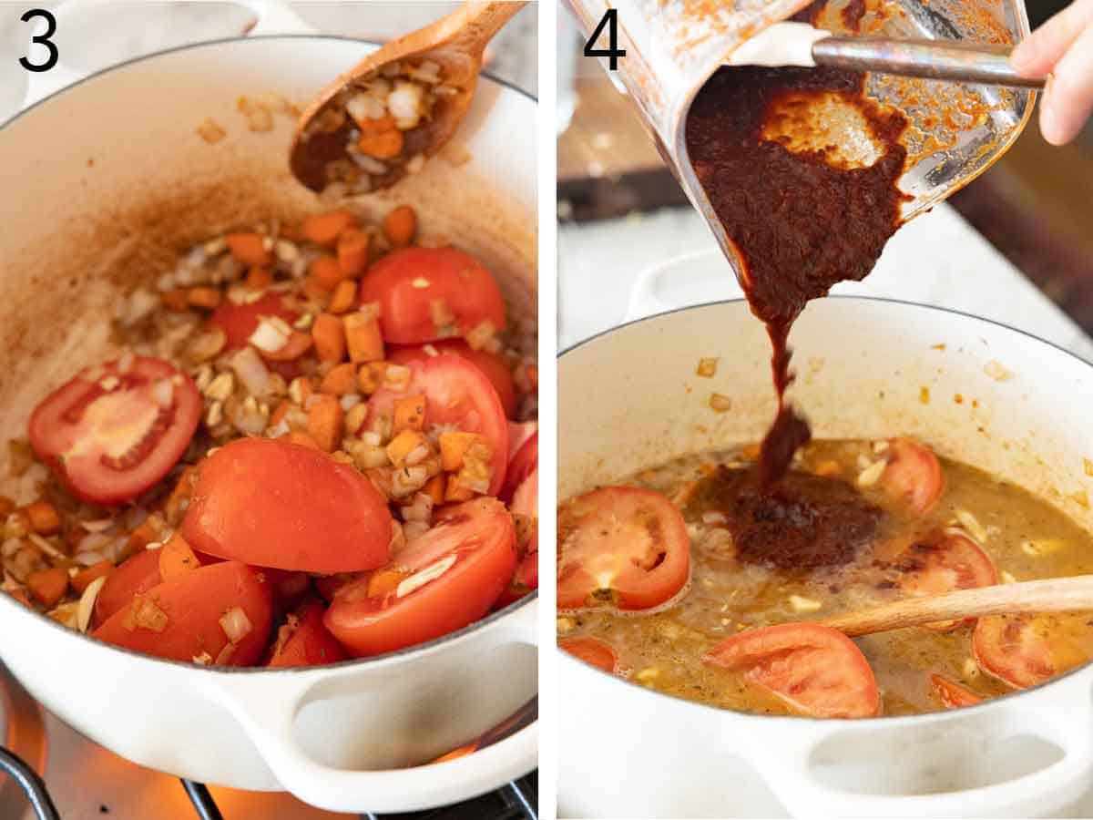 Set of two photos showing vegetables cooked and the blended peppers added to the pot.
