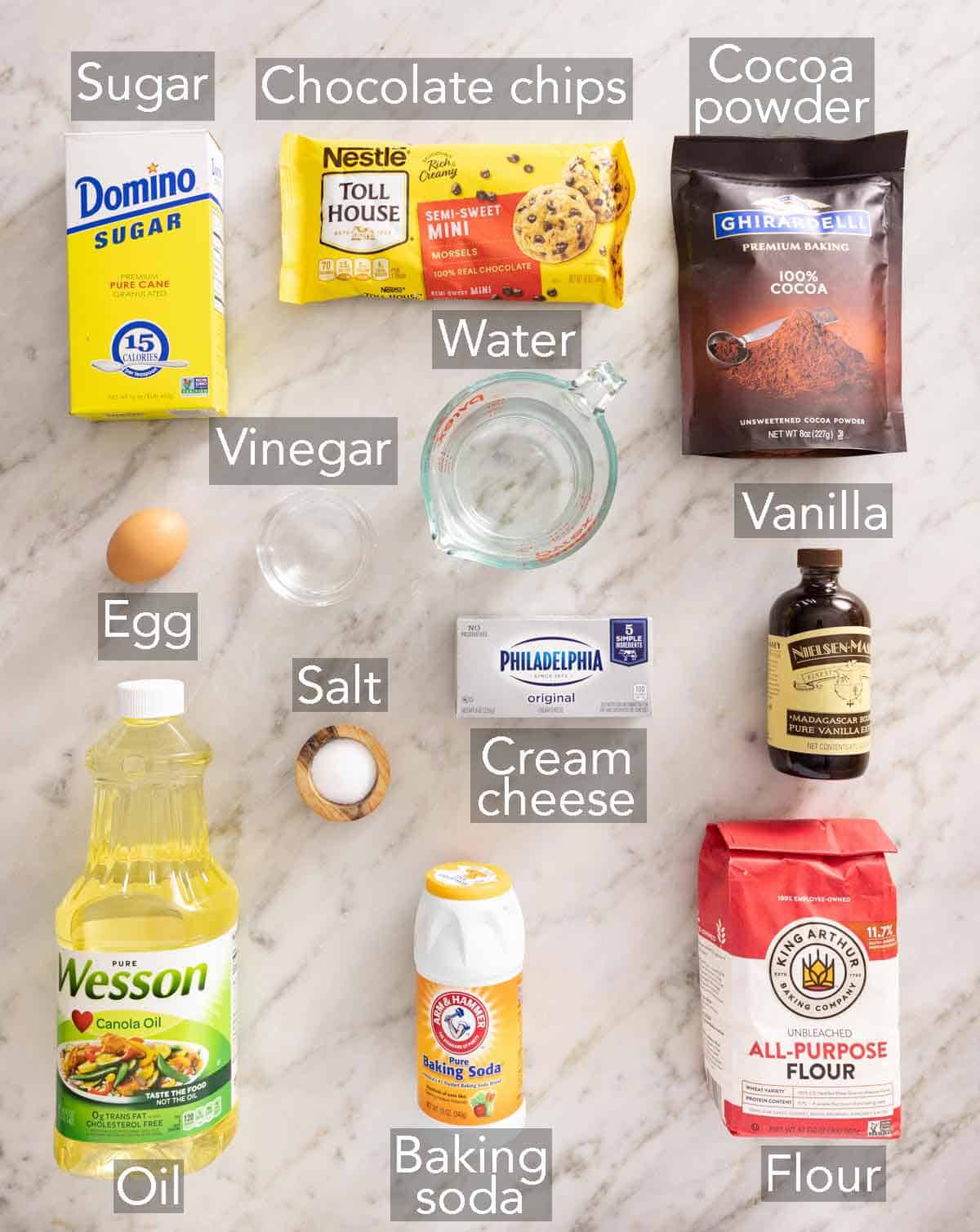 Ingredients needed to black bottom cupcakes.