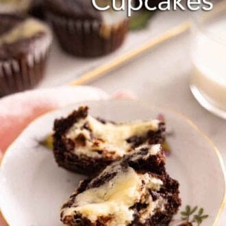 Pinterest graphic showing a black bottom cupcake cut in half on a plate, showing the interior.