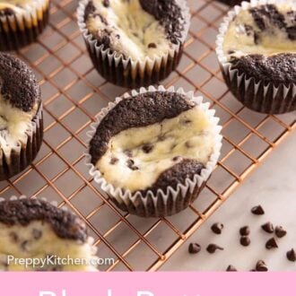 Set of two photos showing black bottom cupcakes on a wire cooling rack.