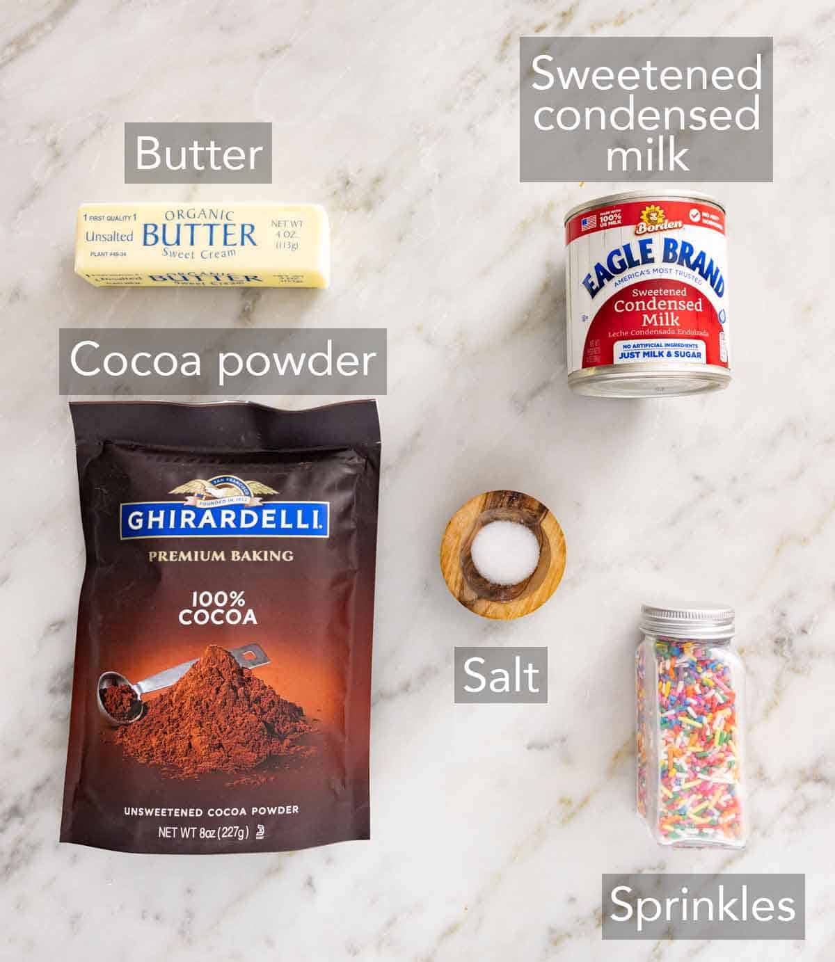 Ingredients needed to make brigadeiros.