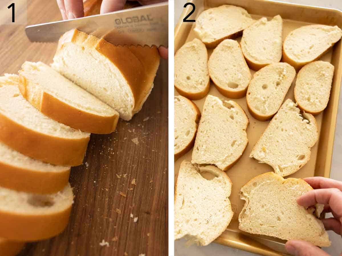 Set of two photos showing bread sliced and placed on a sheet pan.