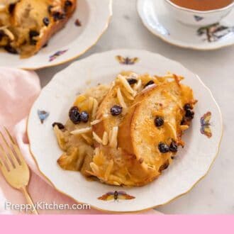 Pinterest graphic of two plates of capirotada and a mug of tea.