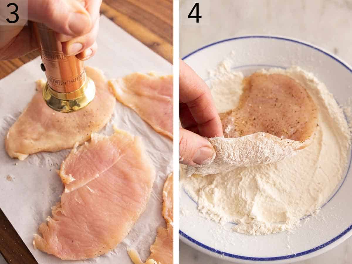 Set of two photos showing the meat seasoned and coated in flour.