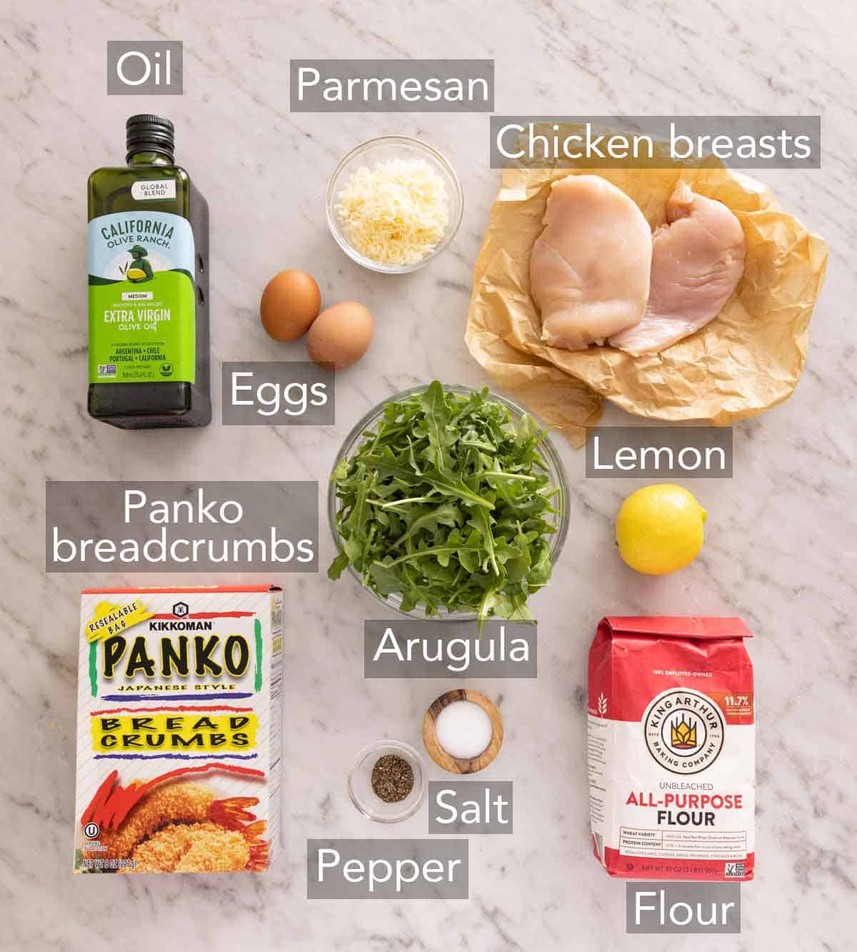Ingredients needed to make chicken Milanese.