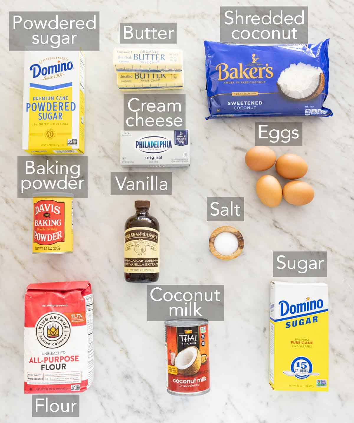 Ingredients to make coconut cupcakes.