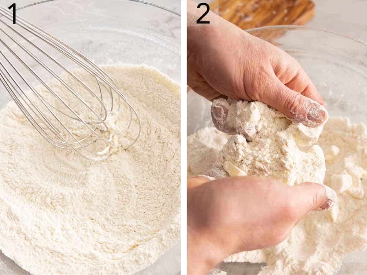 Set of two photos showing dry ingredients whisked together and butter worked in.