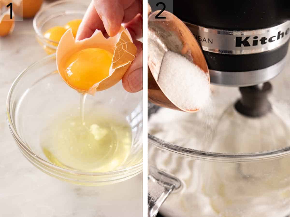 Set of two photos of eggs separated and sugar added to a mixer.