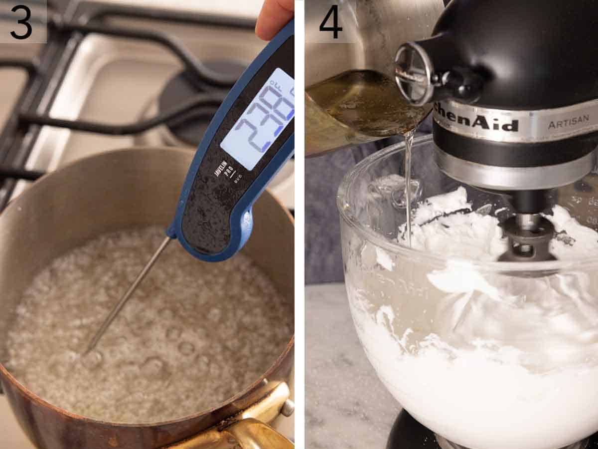 Set of two photos showing sugar syrup cooked and added to the meringue mixture.