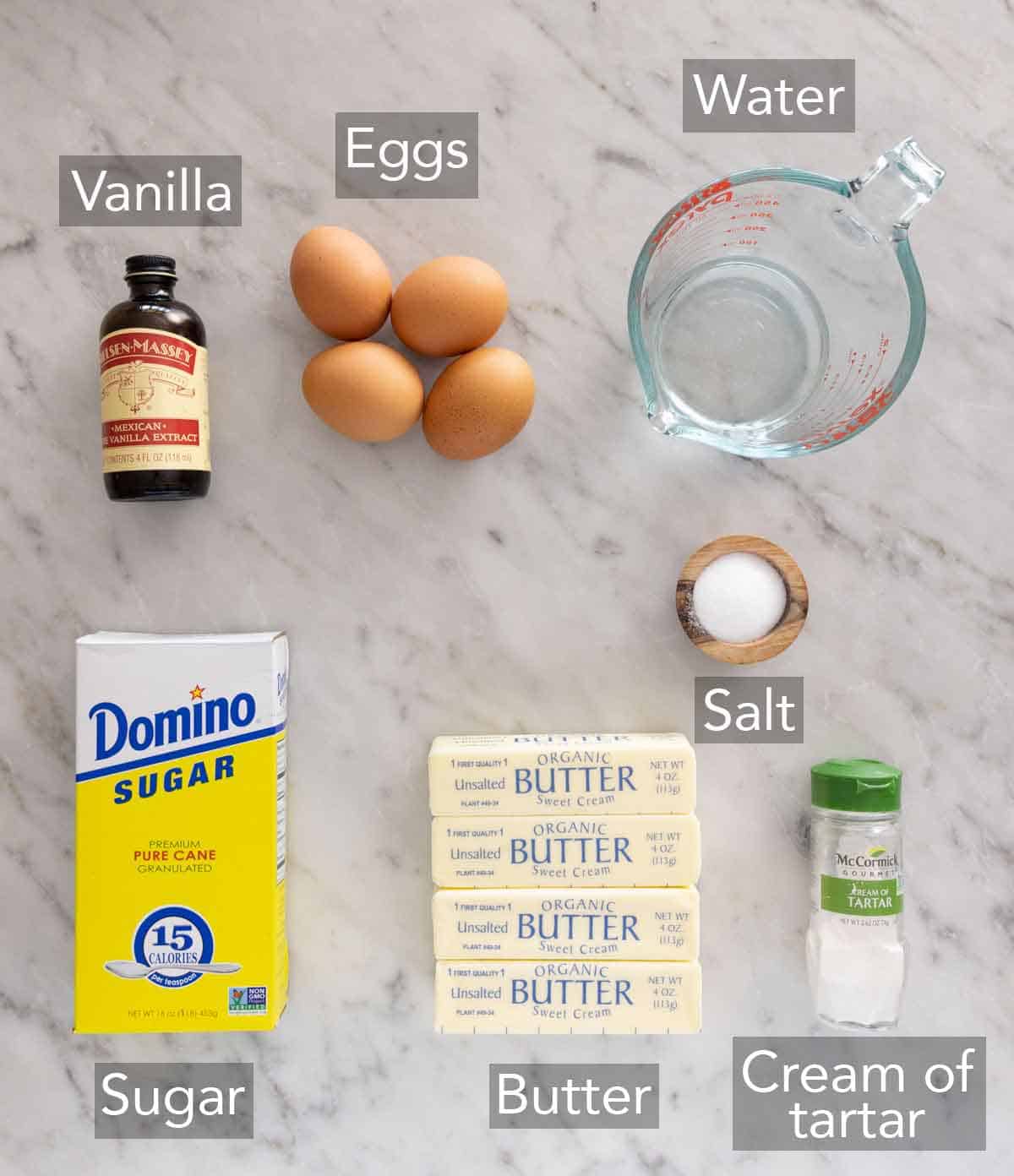 Ingredients needed to make Italian buttercream.