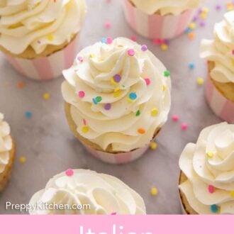 Pinterest graphic of an overhead view of multiple Italian buttercream frosted cupcakes with sprinkles.