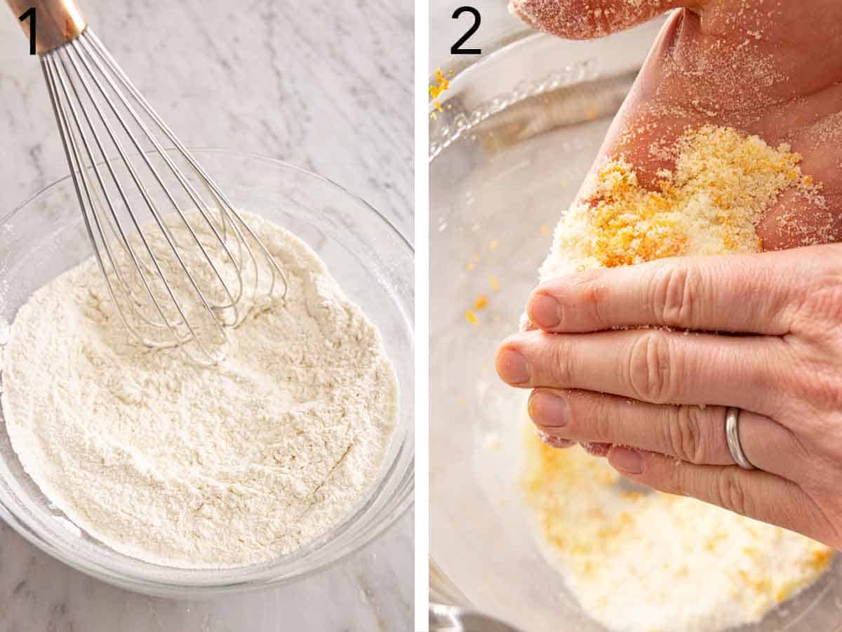 Set of two photos showing dry ingredients whisked together and zest rubbed into sugar.