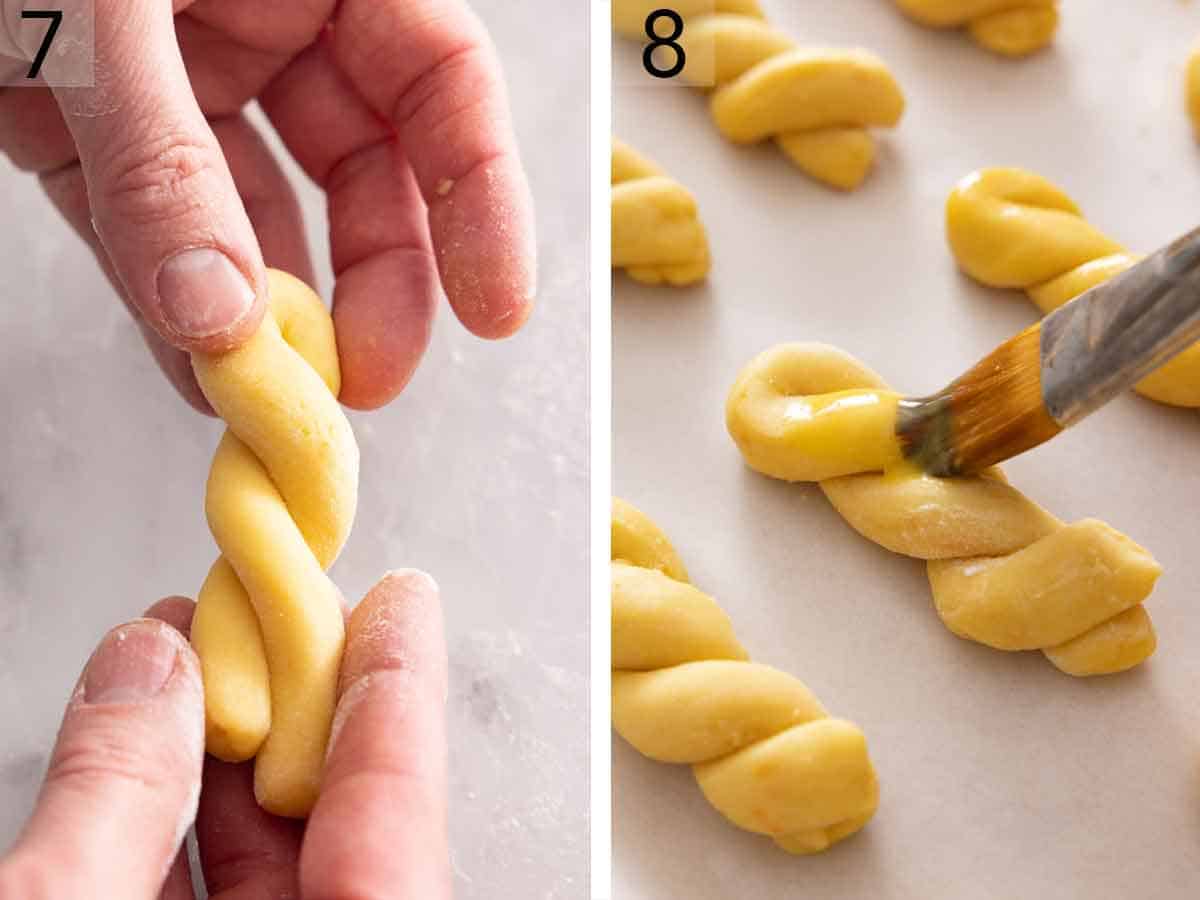 Set of two photos showing dough twisted and brushed with egg wash.