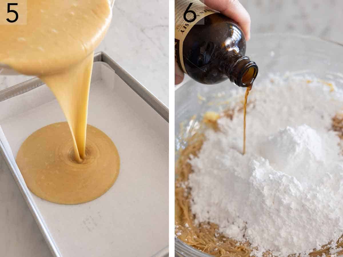 Set of two photos showing batter poured into a lined pan and vanilla added to frosting ingredients.