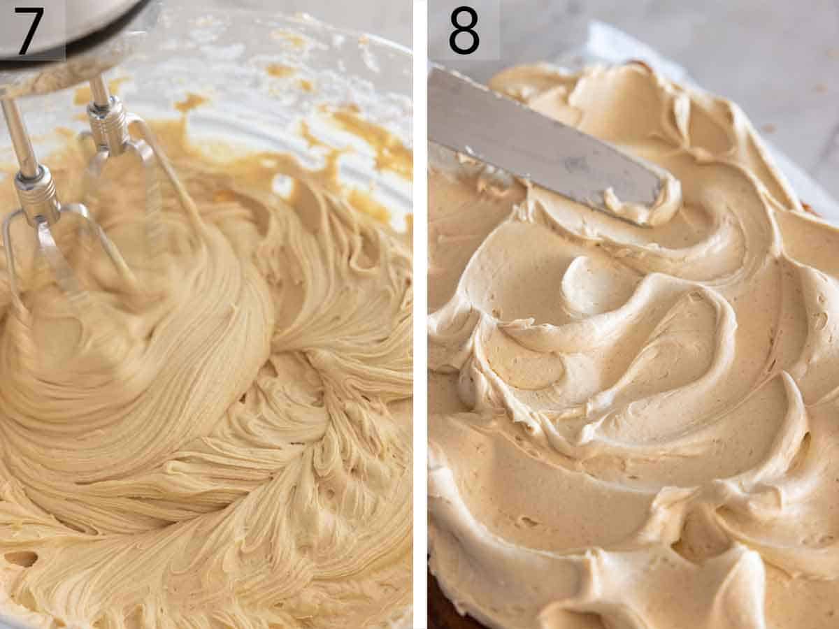 Set of two photos showing frosting beaten and spread onto a cake.