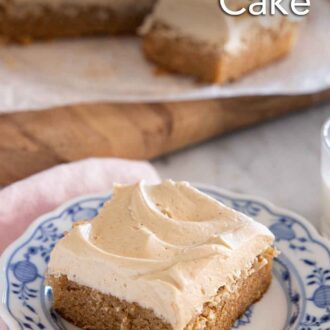 Pinterest graphic of a square slice of peanut butter cake on a plate in front of a cut cake.