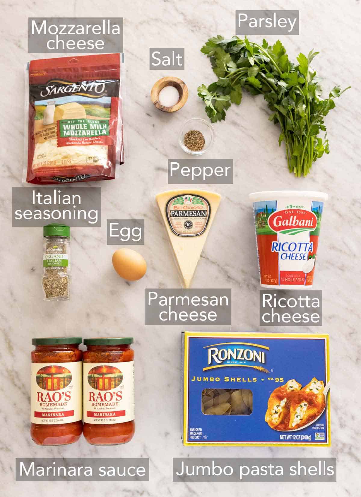 Ingredients needed to make stuffed shells.