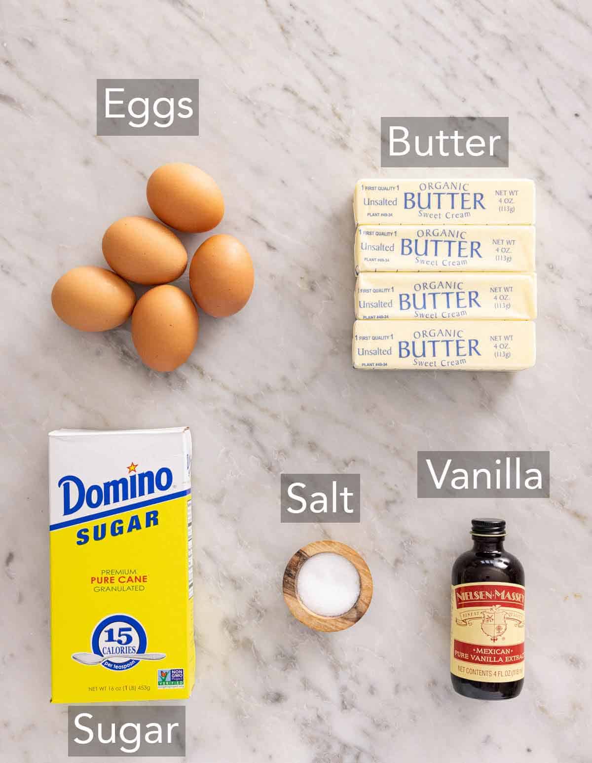 Ingredients needed to make Swiss meringue buttercream.
