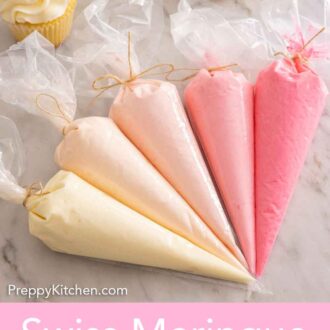 Pinterest graphic of multicolored Swiss meringue buttercream in piping bags.