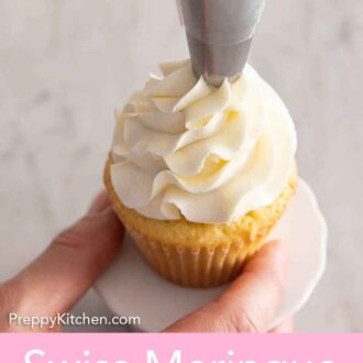 Pinterest graphic of Swiss meringue buttercream piped on to a cupcake.