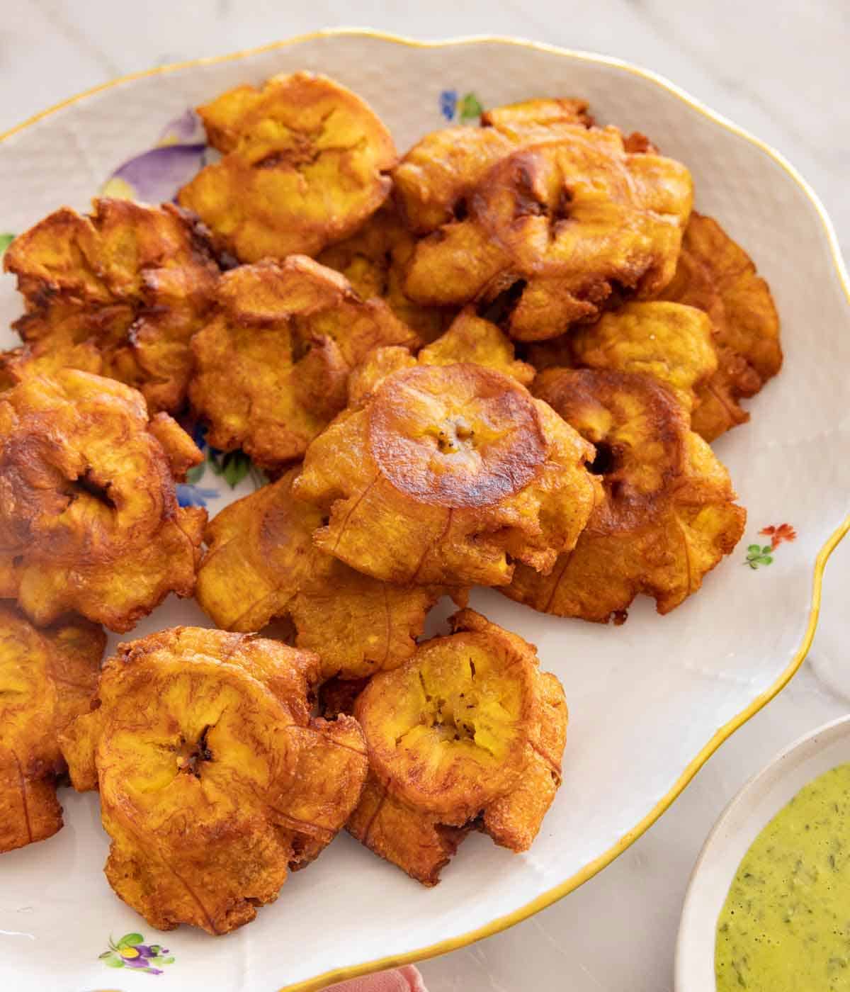 A platter of golden tostones.