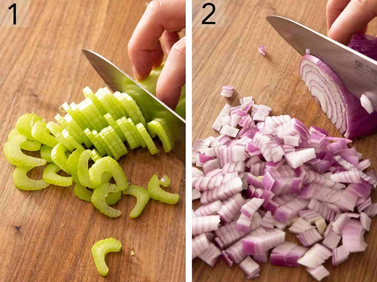 Set of two photos showing celery and red onion diced.