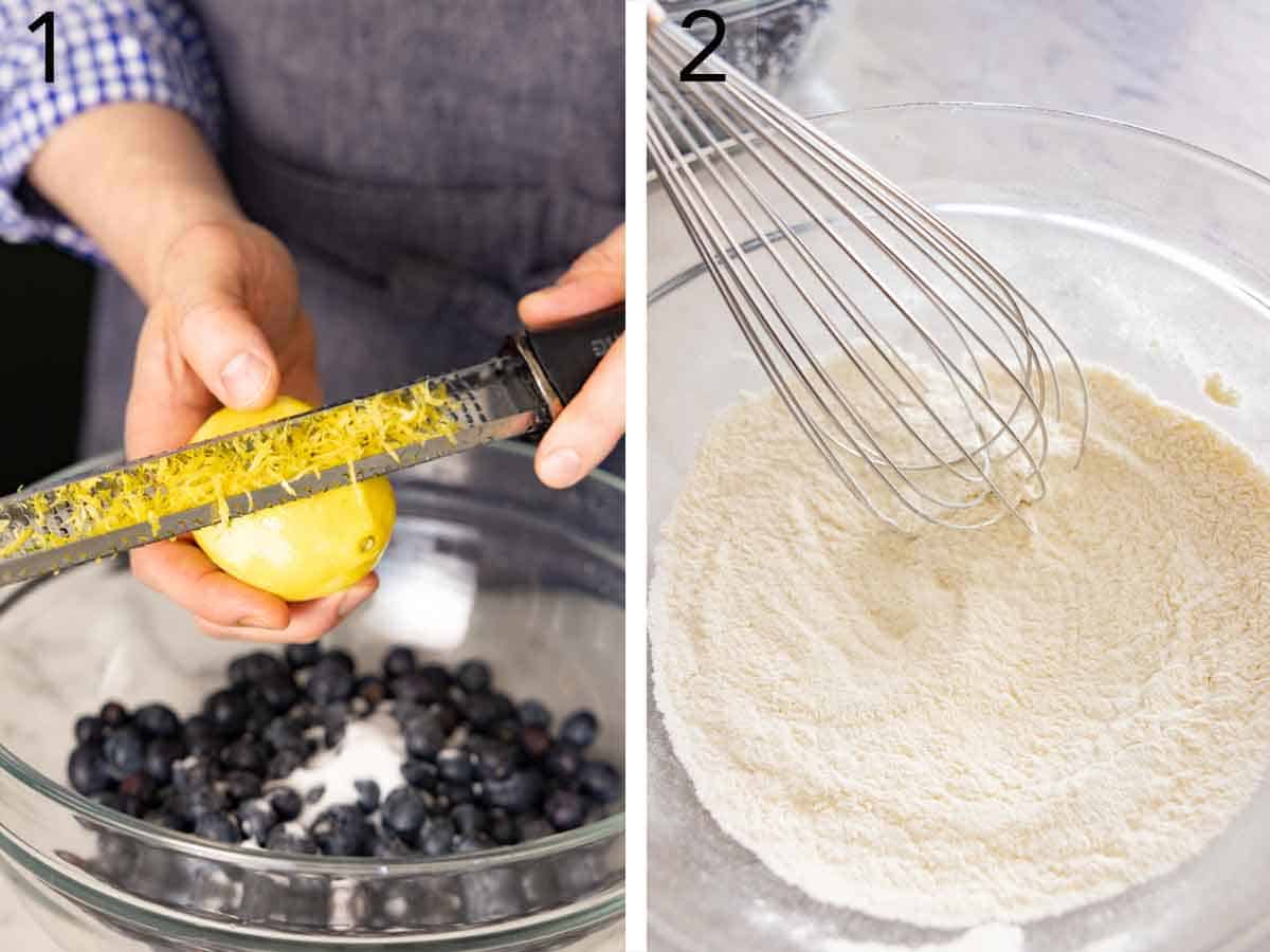Set of two photos showing a lemon zested and dry ingredients whisked.