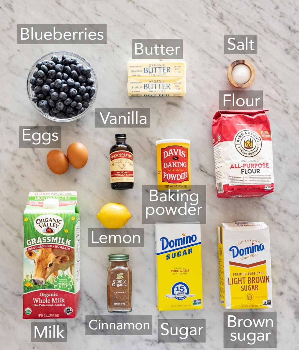 Ingredients needed to make blueberry coffee cake.